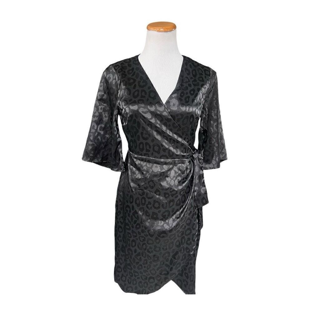 NWT Womens Savanna Jane Boutique Animal Print Black Wrap Dress - Sz S